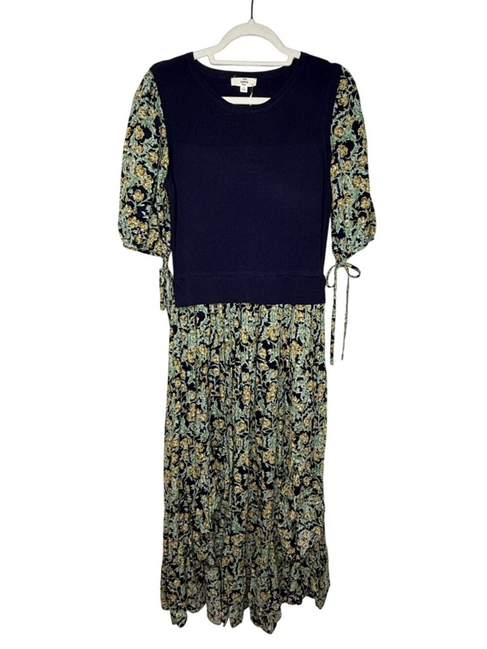 Entro Womens M Blue Floral Midi Dress Layered Knit Top Short Sleeve Boho